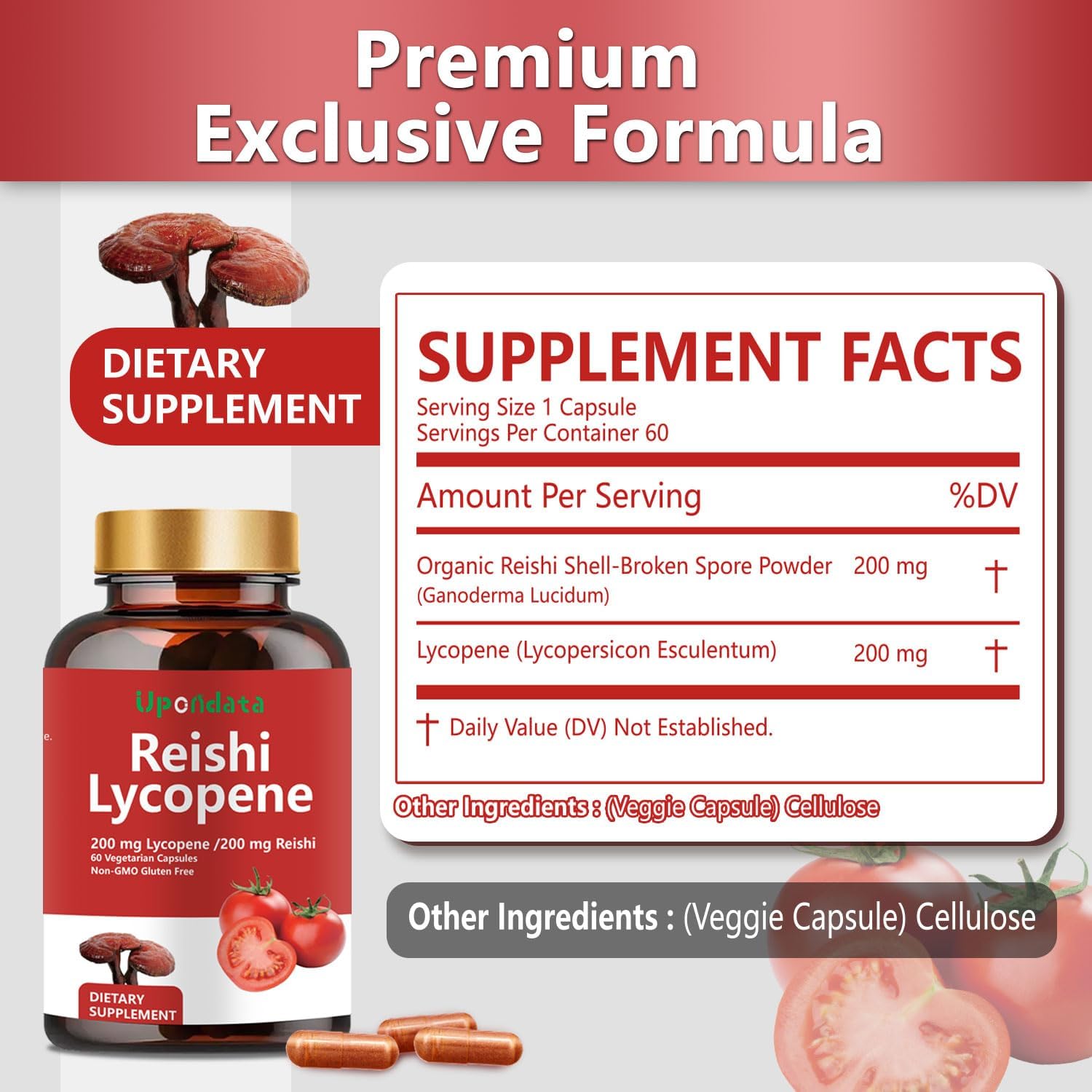 Organic Reishi Mushroom & Lycopene Capsules 200mg - Prostate Health & Immune Support - Gluten-Free, Non-GMO - 120 Capsules