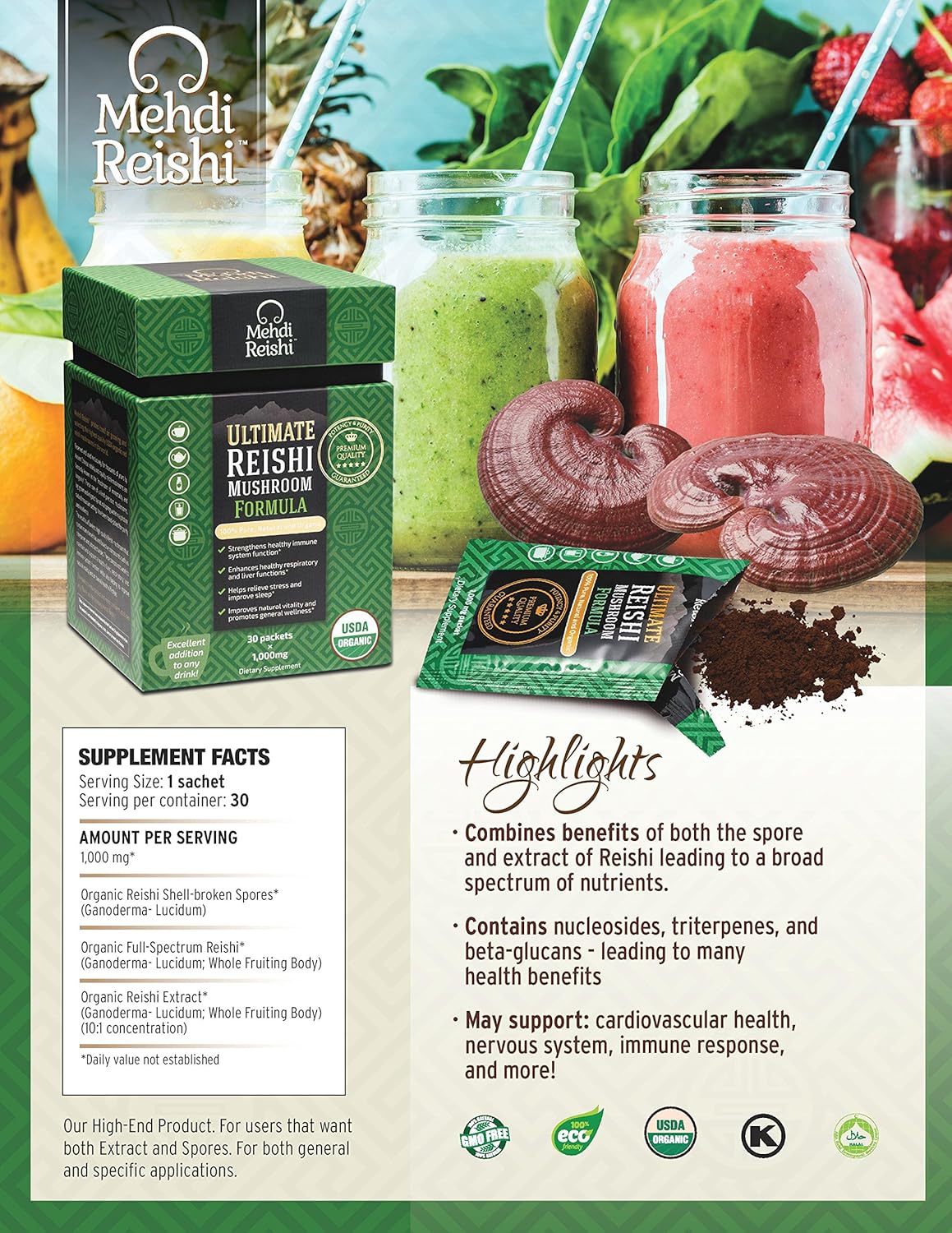 Organic Reishi Mushroom Powder with High Potency Triterpenes and Beta-Glucans - 30 Servings of Premium Ganoderma Lucidum and Lingzhi Formula from Mehdi Reishi