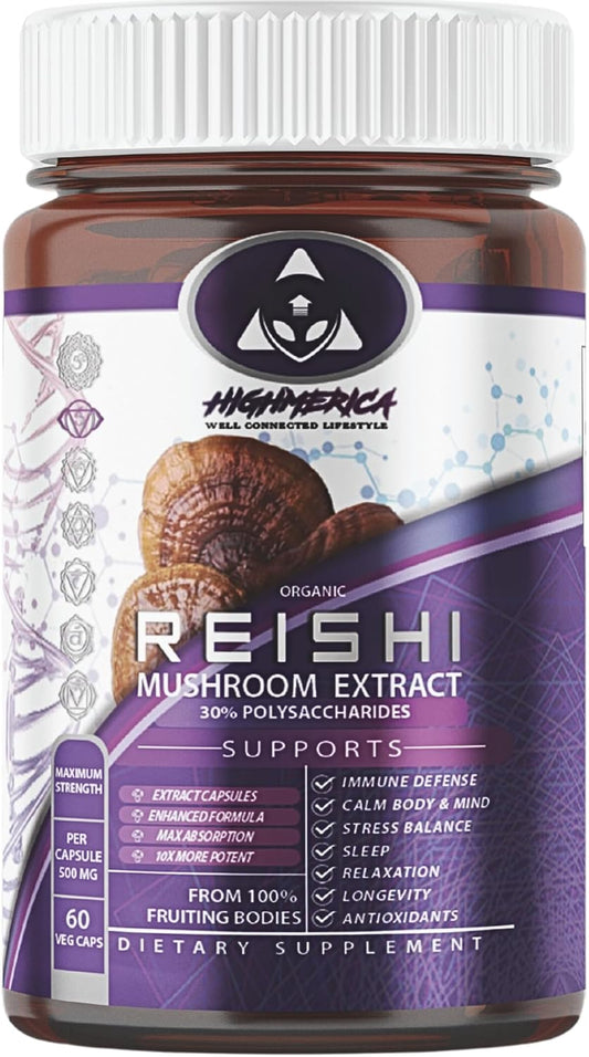 Organic Reishi Mushroom Supplement - 60 Capsules for Immune Support and Stress Relief by HIGHMERICA