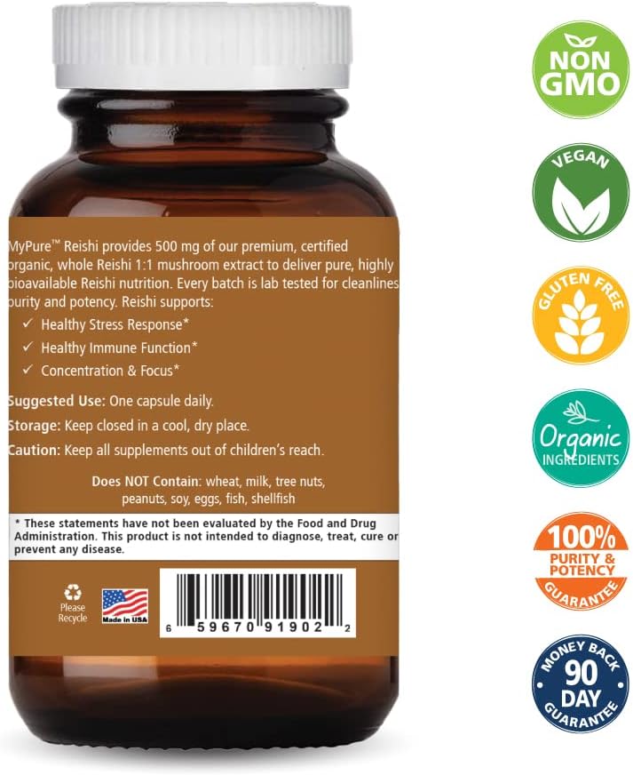 Organic Reishi Mushroom Supplement for Immune Support and Energy - 100% Real Extract (60 Capsules) by PURE ESSENCE LABS