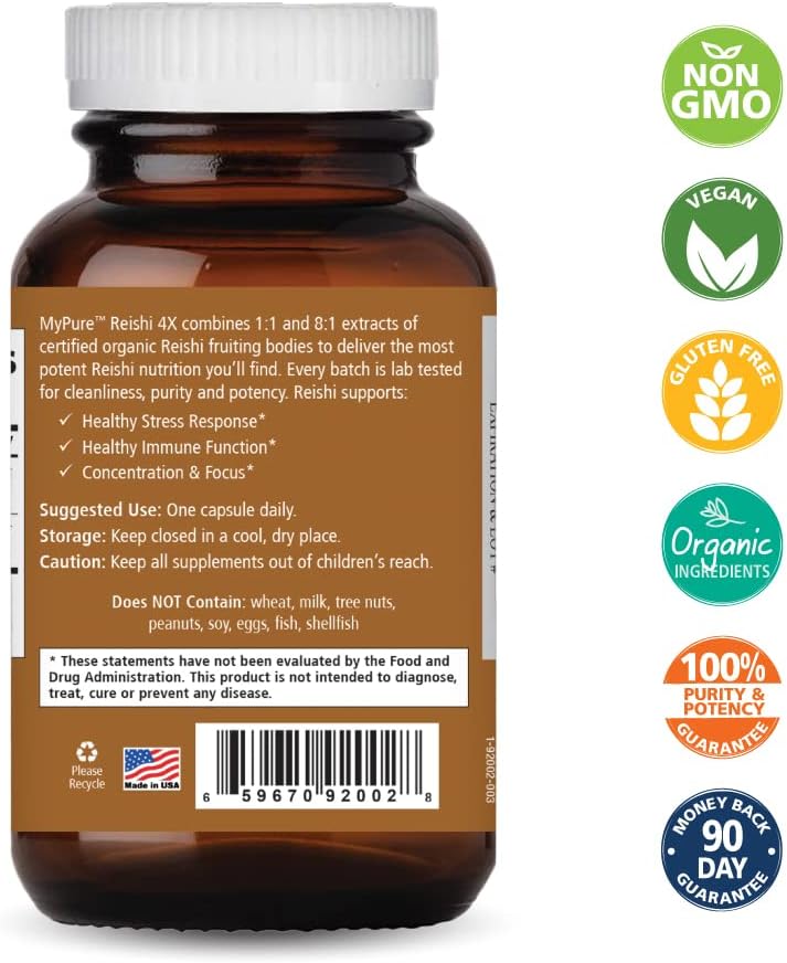 Organic Reishi Mushroom Supplement for Immune Support & Energy - Pure Essence Labs MyPure Reishi 4X Extract (60 Capsules)