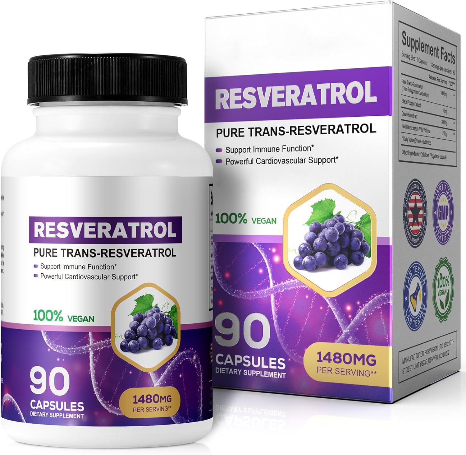 Organic Resveratrol 1480mg Capsules - Daily Supplement for Skin & Body - Fast Absorption - Non-GMO & Gluten Free - 90ct