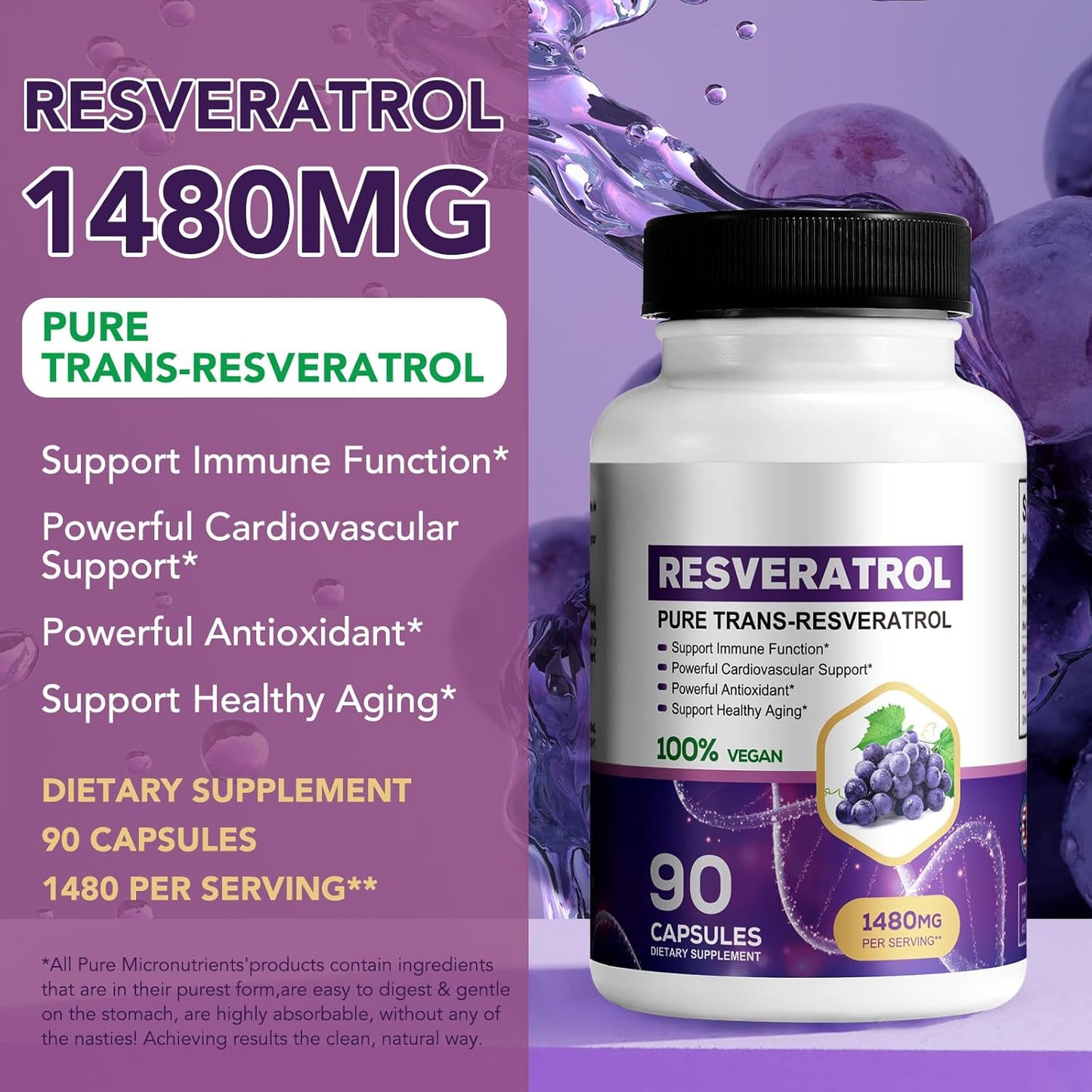 Organic Resveratrol 1480mg Capsules - Daily Supplement for Skin & Body - Fast Absorption - Non-GMO & Gluten Free - 90ct
