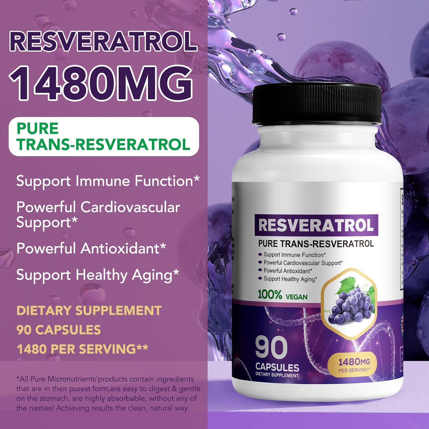 Organic Resveratrol 1480mg Capsules - Daily Supplement for Skin & Body - Fast Absorption - Non-GMO & Gluten Free - 90ct