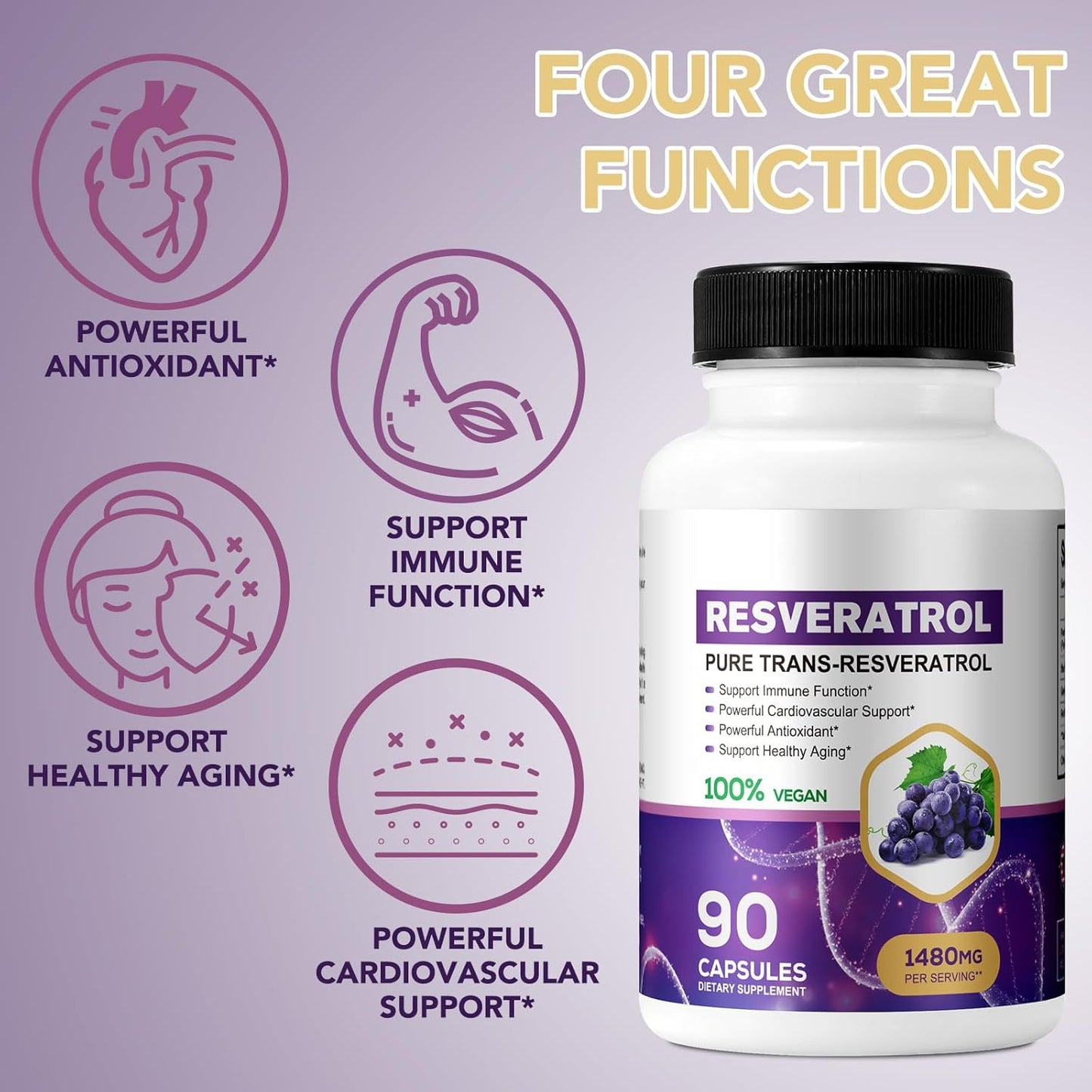 Organic Resveratrol 1480mg Capsules - Daily Supplement for Skin & Body - Fast Absorption - Non-GMO & Gluten Free - 90ct