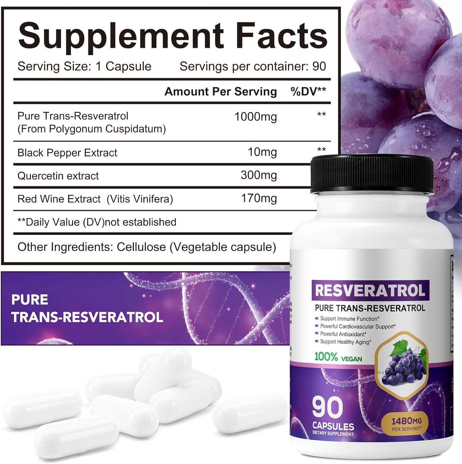 Organic Resveratrol 1480mg Capsules - Daily Supplement for Skin & Body - Fast Absorption - Non-GMO & Gluten Free - 90ct