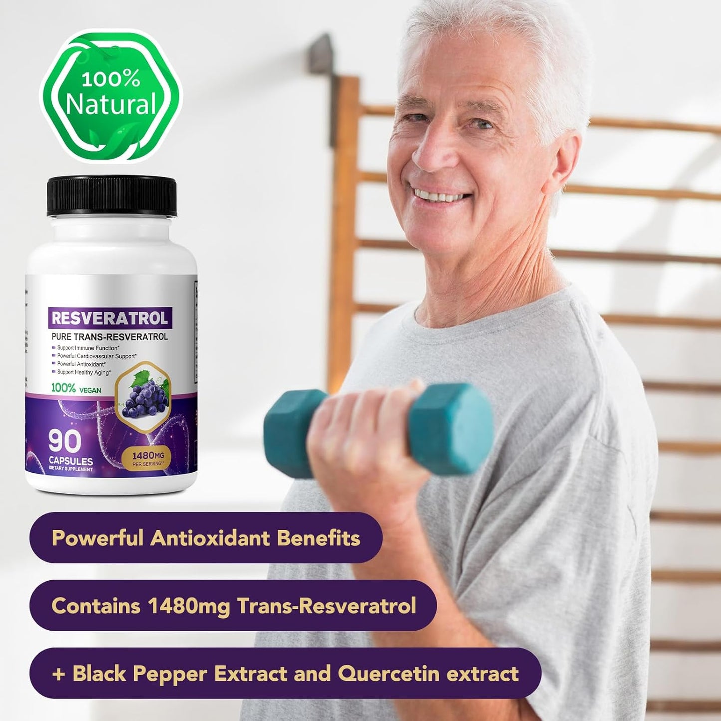 Organic Resveratrol 1480mg Capsules - Daily Supplement for Skin & Body - Fast Absorption - Non-GMO & Gluten Free - 90ct