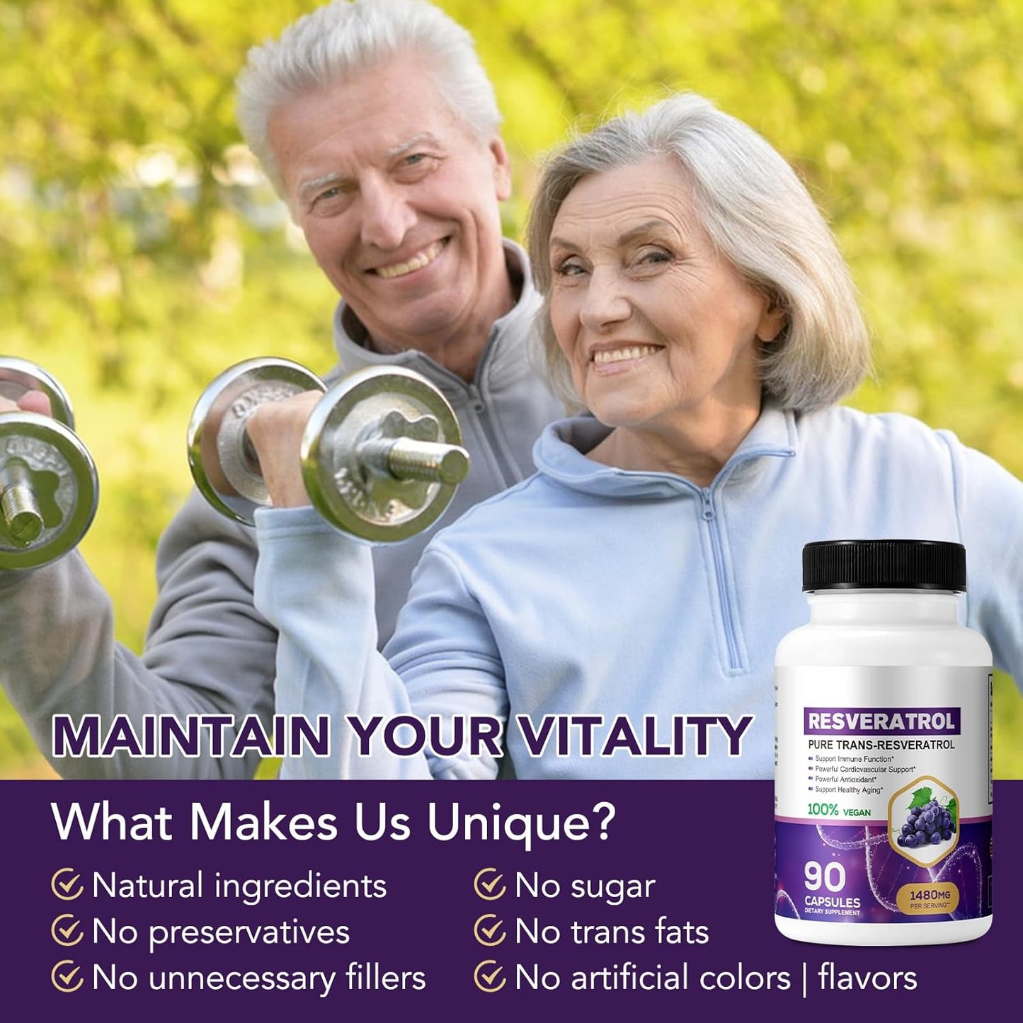 Organic Resveratrol 1480mg Capsules - Daily Supplement for Skin & Body - Fast Absorption - Non-GMO & Gluten Free - 90ct