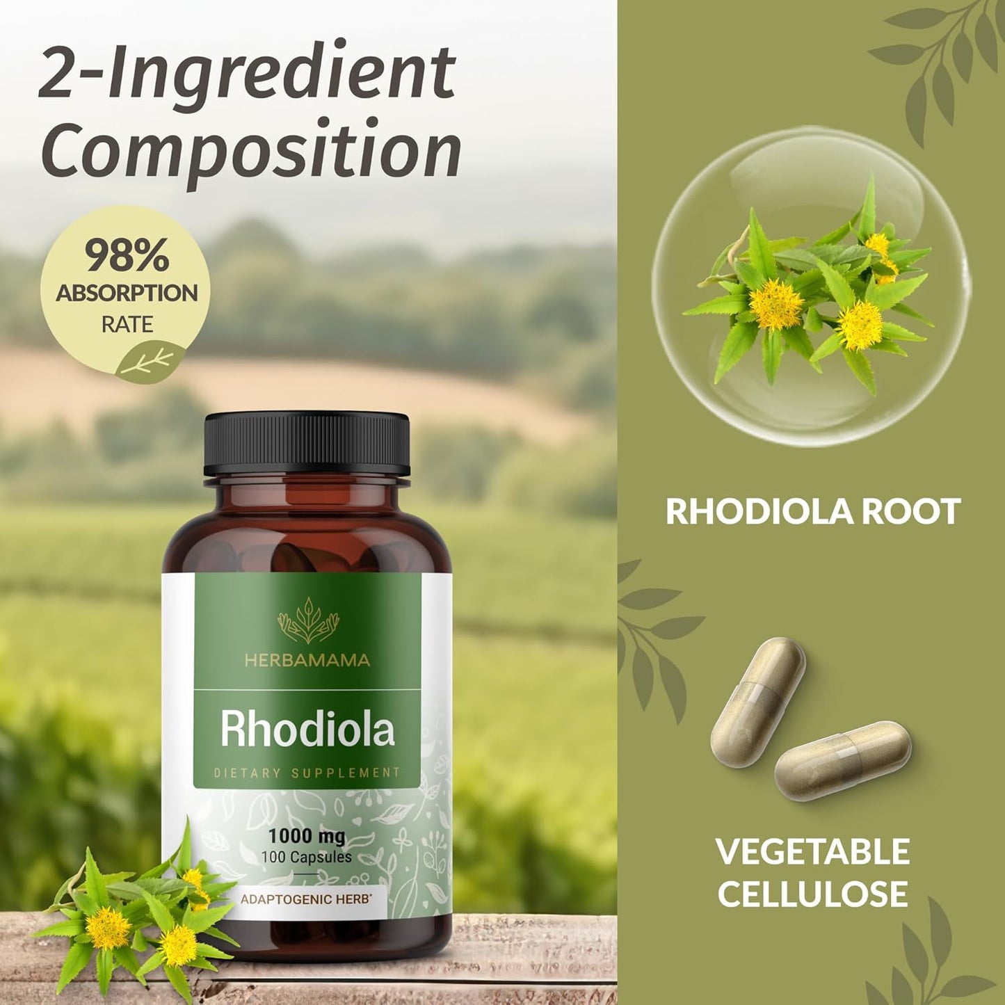Organic Rhodiola Rosea and Ashwagandha Capsule Bundle - 1000mg Rhodiola Rosea & 1500mg Ashwagandha - Vegan, Non-GMO - 2 Pack