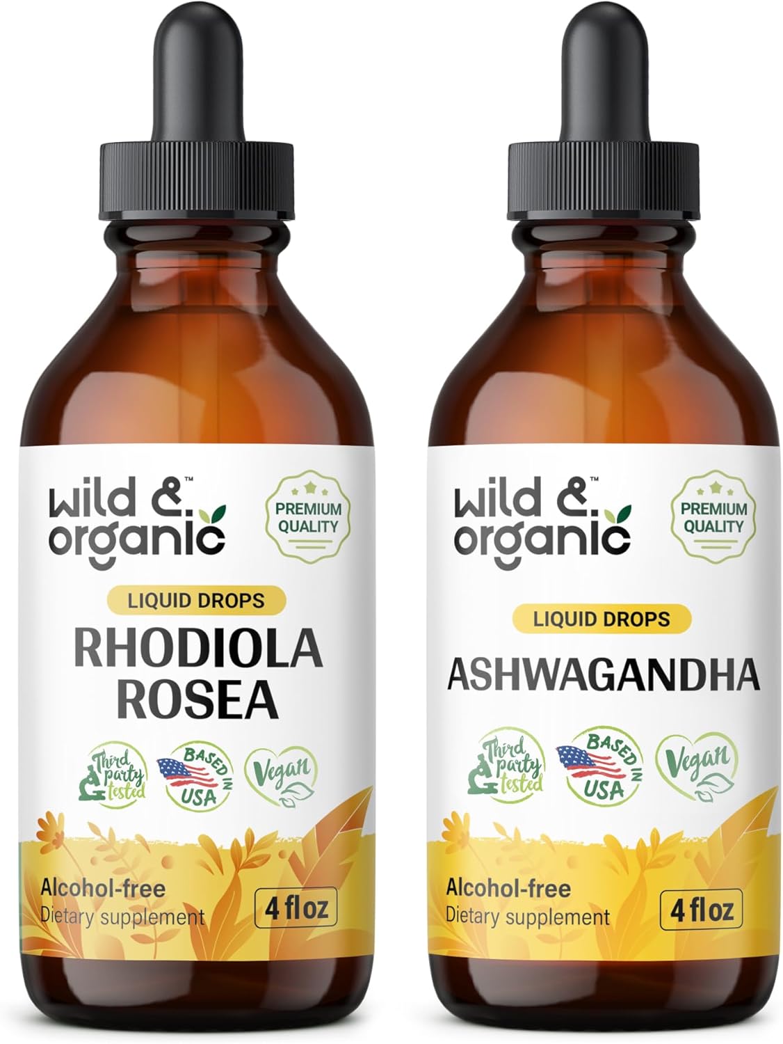 Organic Rhodiola Rosea and Ashwagandha Tincture Bundle - 4 fl oz Each - Wildcrafted Adaptogen Supplements for Stress Relief