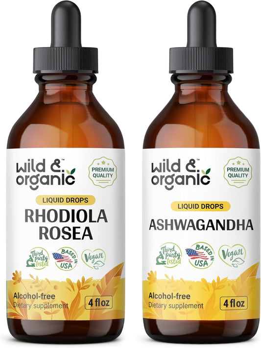 Organic Rhodiola Rosea and Ashwagandha Tincture Bundle - 4 fl oz Each - Wildcrafted Adaptogen Supplements for Stress Relief