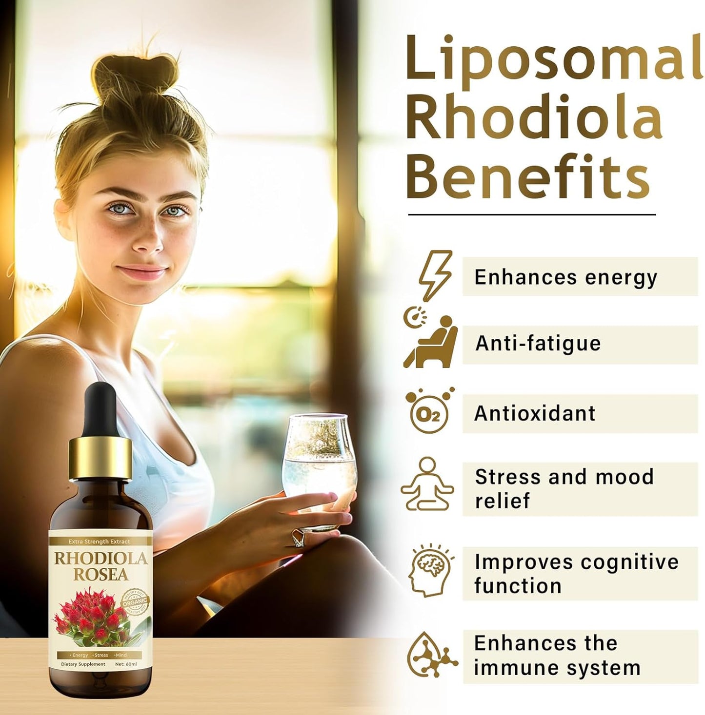Organic Rhodiola Rosea Extract Tincture for Energy, Stress, Mood - Vegan Supplement 60ml