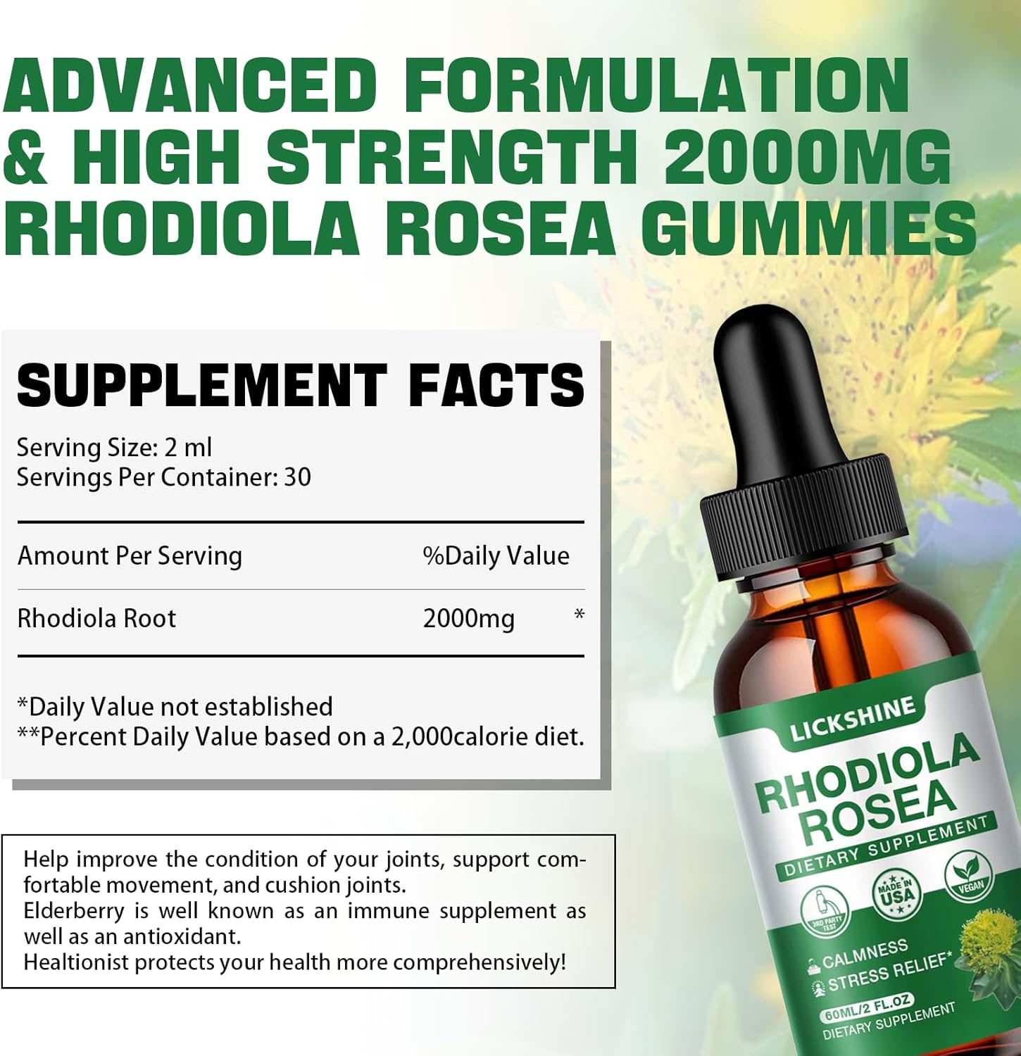 Organic Rhodiola Rosea Tincture 2 Pack - 2000MG Liquid Drops Supplement for Stress, Mood, Energy & Brain Support - Sugar Free - 4 Fl Oz