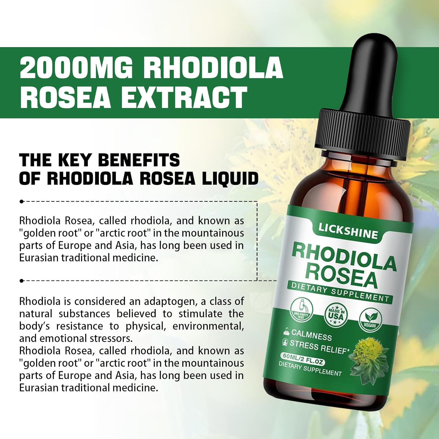 Organic Rhodiola Rosea Tincture 2 Pack - 2000MG Liquid Drops Supplement for Stress, Mood, Energy & Brain Support - Sugar Free - 4 Fl Oz