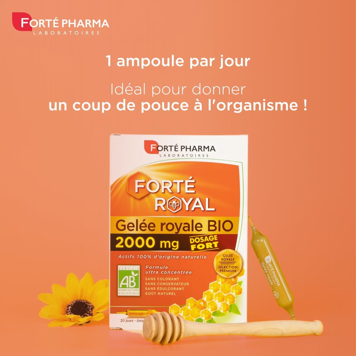 Organic Royal Jelly 2000mg Dietary Supplement with 20 Phials by Forté Pharma