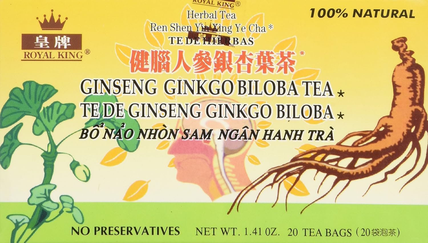 Organic Royal King Ginseng Ginkgo Biloba Tea - 20 Bags