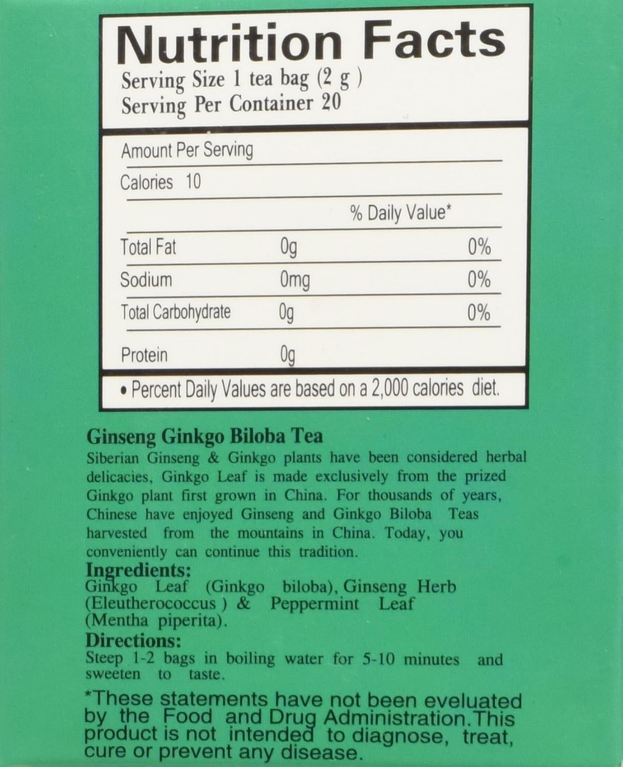 Organic Royal King Ginseng Ginkgo Biloba Tea - 20 Bags