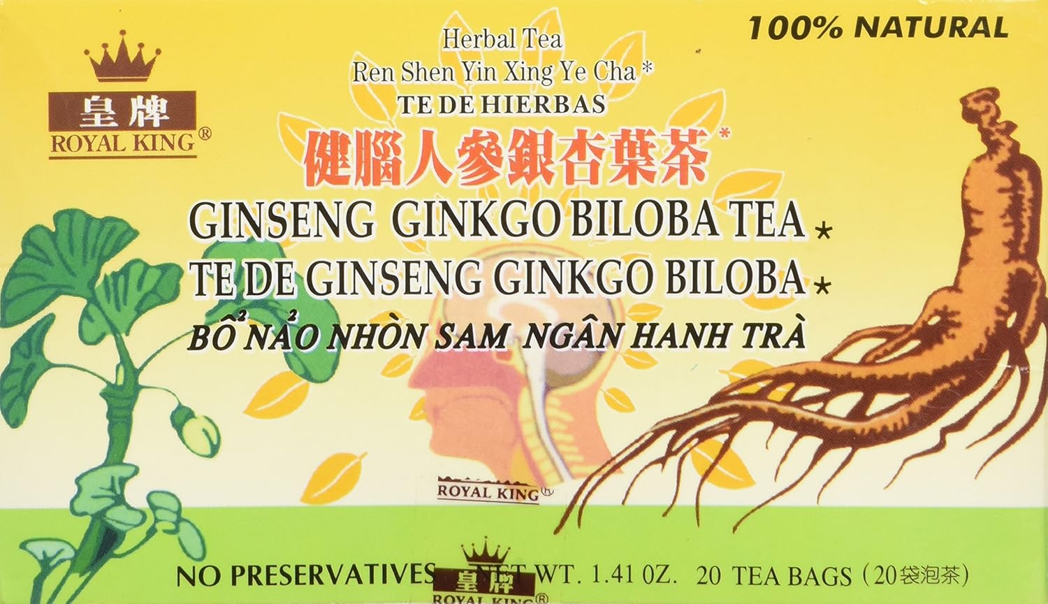Organic Royal King Ginseng Ginkgo Biloba Tea - 20 Bags