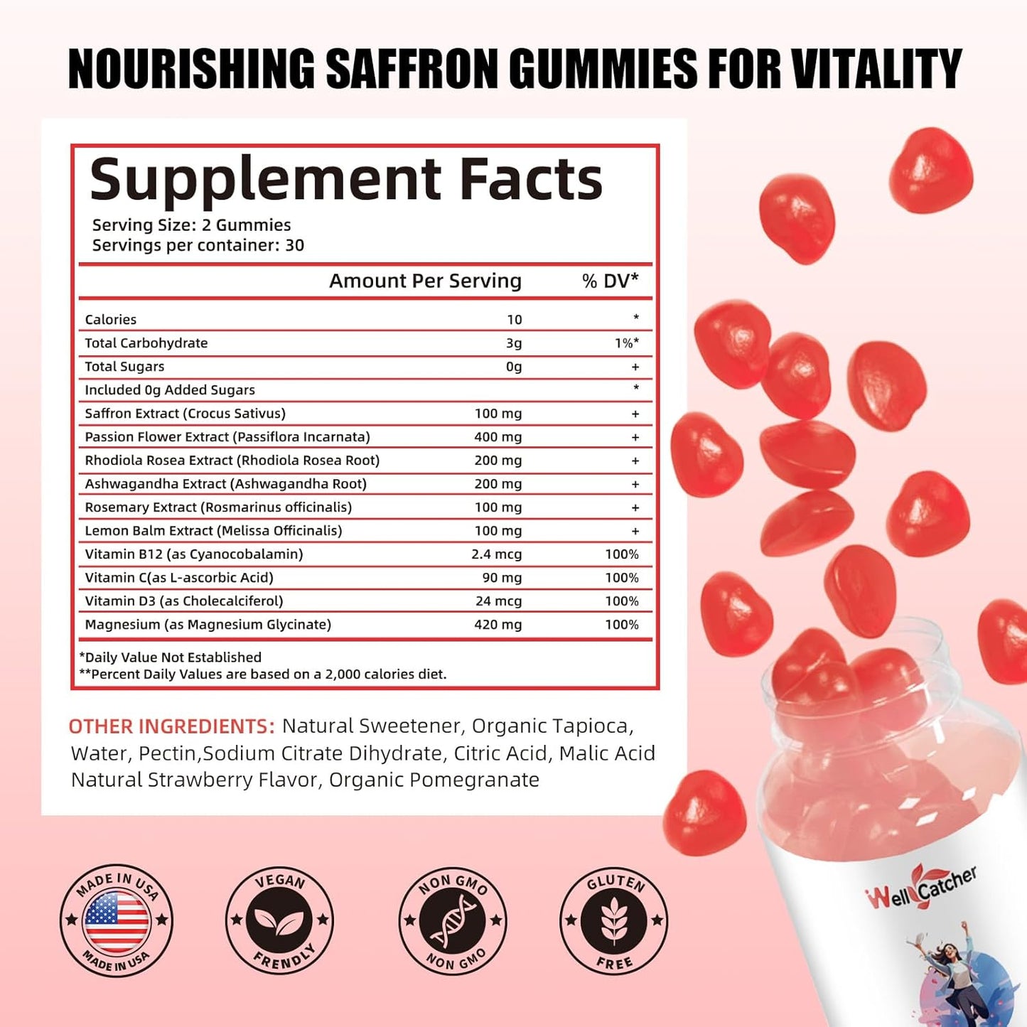 Organic Saffron Gummies for Mood Balance and Sleep Support - Non-GMO Strawberry Flavored Supplement for Adults and Kids - Sugar-Free with Vitamins - 60 Day Supply