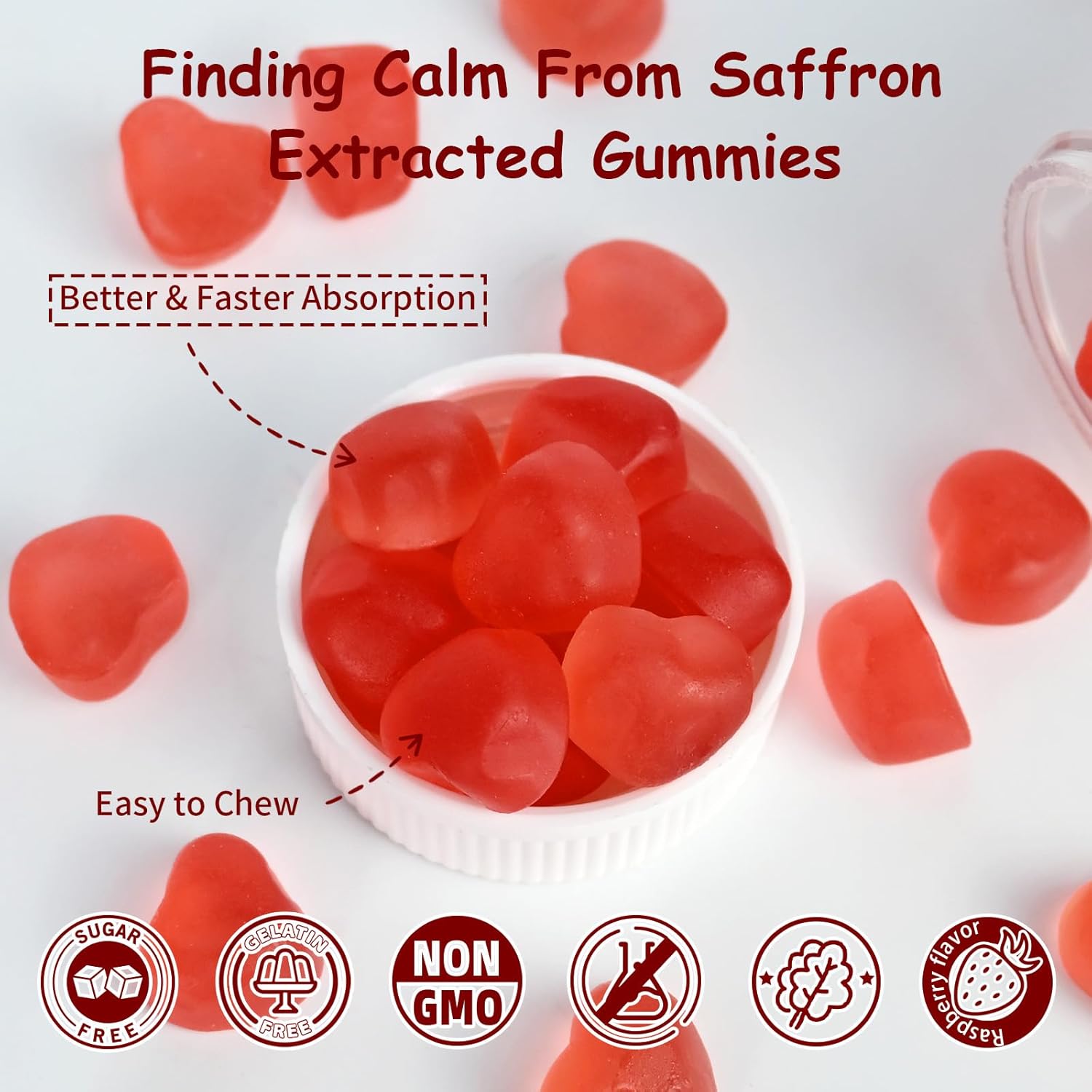 Organic Saffron Gummies for Mood Balance and Sleep Support - Non-GMO Strawberry Flavored Supplement for Adults and Kids - Sugar-Free with Vitamins - 60 Day Supply