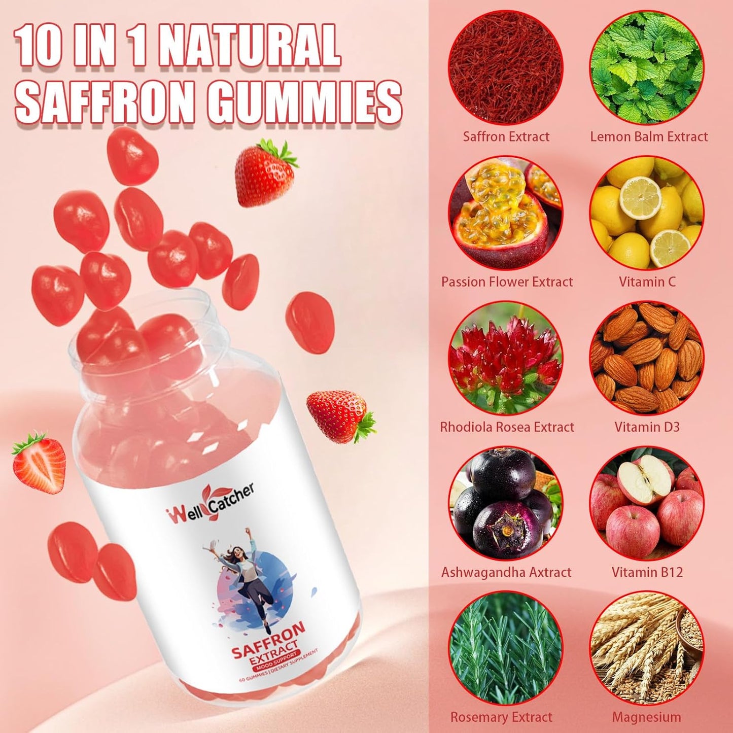 Organic Saffron Gummies for Mood Balance and Sleep Support - Non-GMO Strawberry Flavored Supplement for Adults and Kids - Sugar-Free with Vitamins - 60 Day Supply