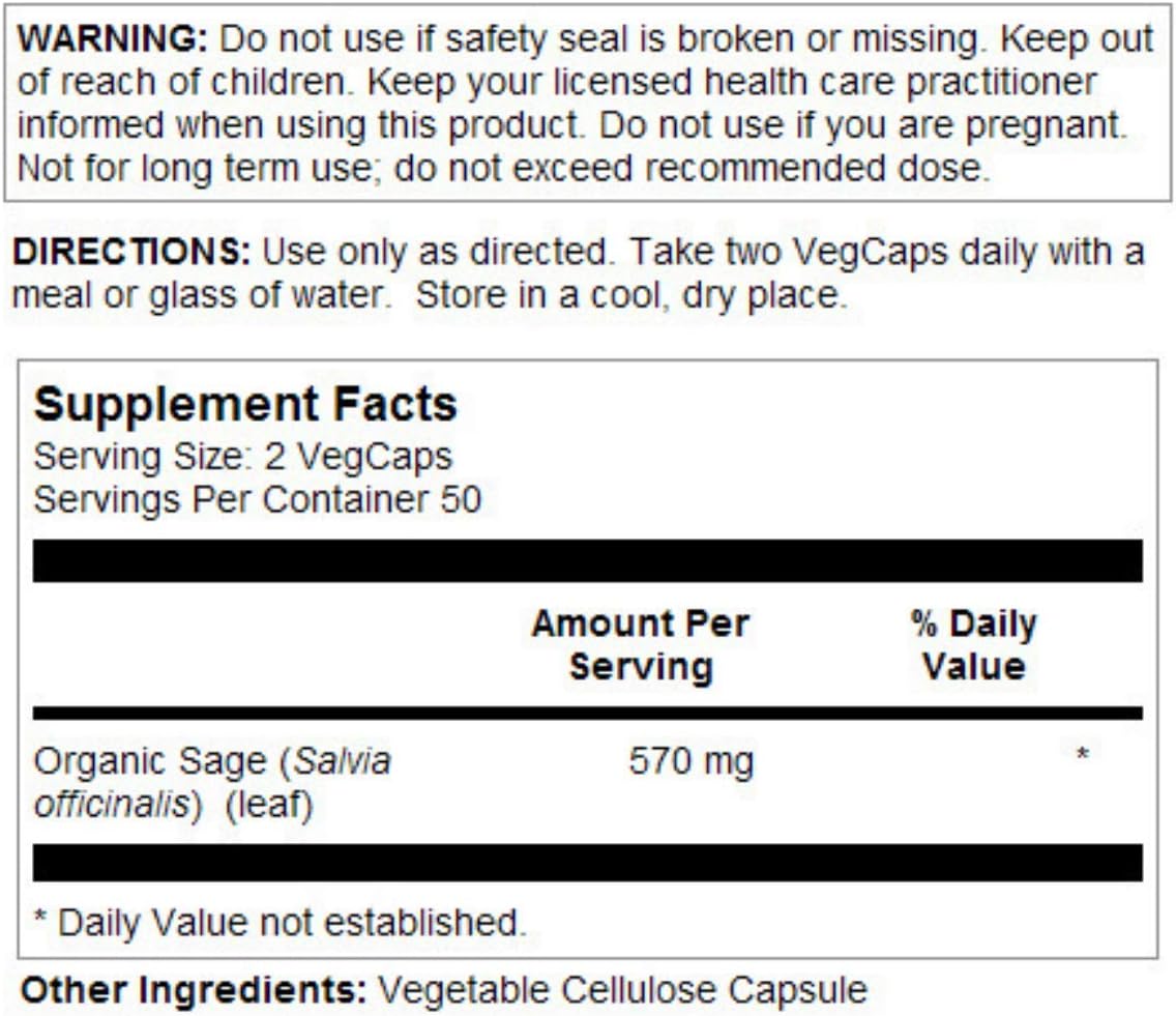 Organic Sage Leaf Capsules - 570mg per Serving - Promotes Healthy Body Odor, Immune Function & Digestive System - 100 Vegetarian Capsules