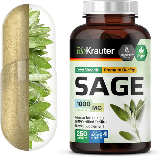 Organic Sage Supplement Capsules 1000mg - 250 Vegan Capsules - Immune & Digestive Support - Antioxidant-Rich Salvia Officinalis Supplement