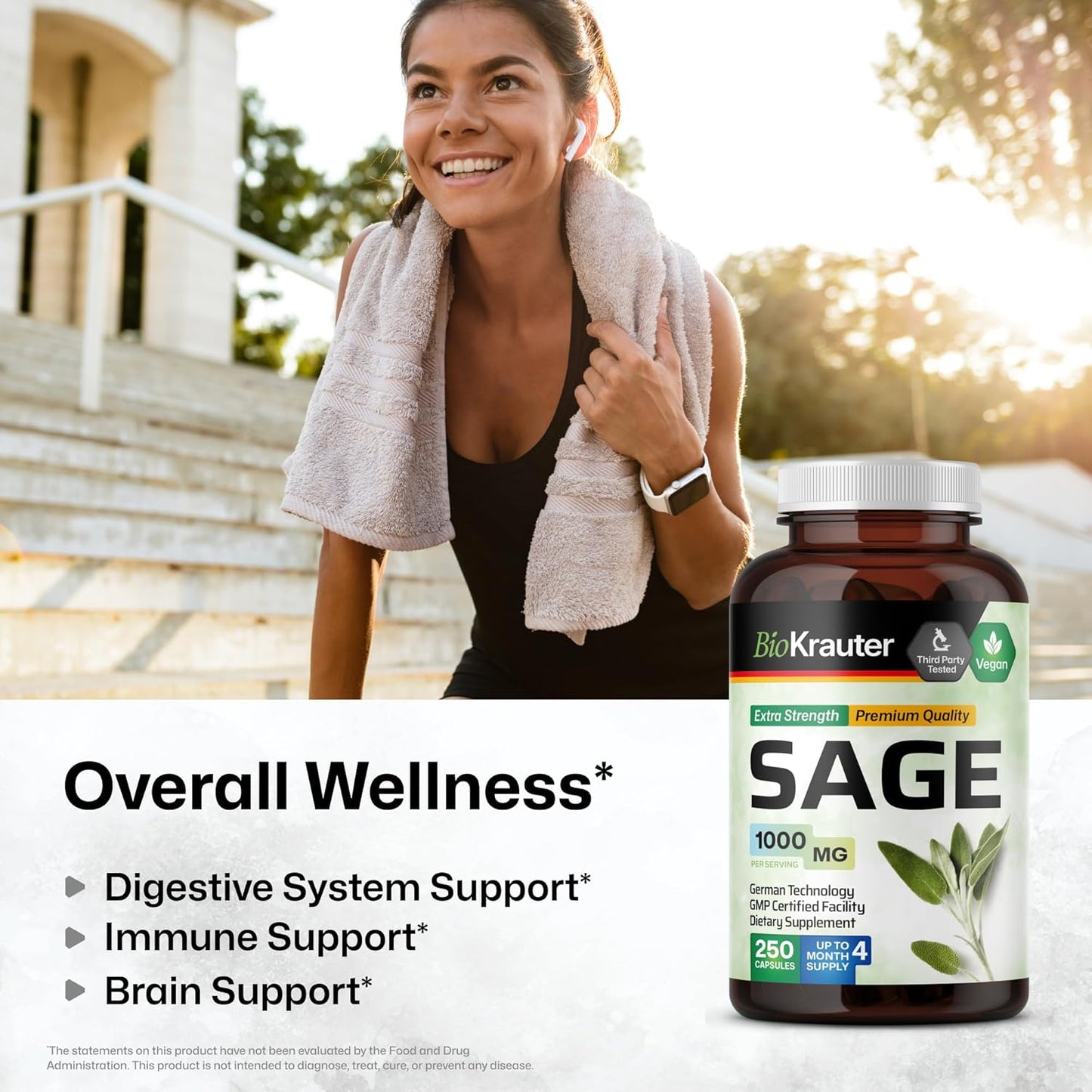 Organic Sage Supplement Capsules 1000mg - 250 Vegan Capsules - Immune & Digestive Support - Antioxidant-Rich Salvia Officinalis Supplement