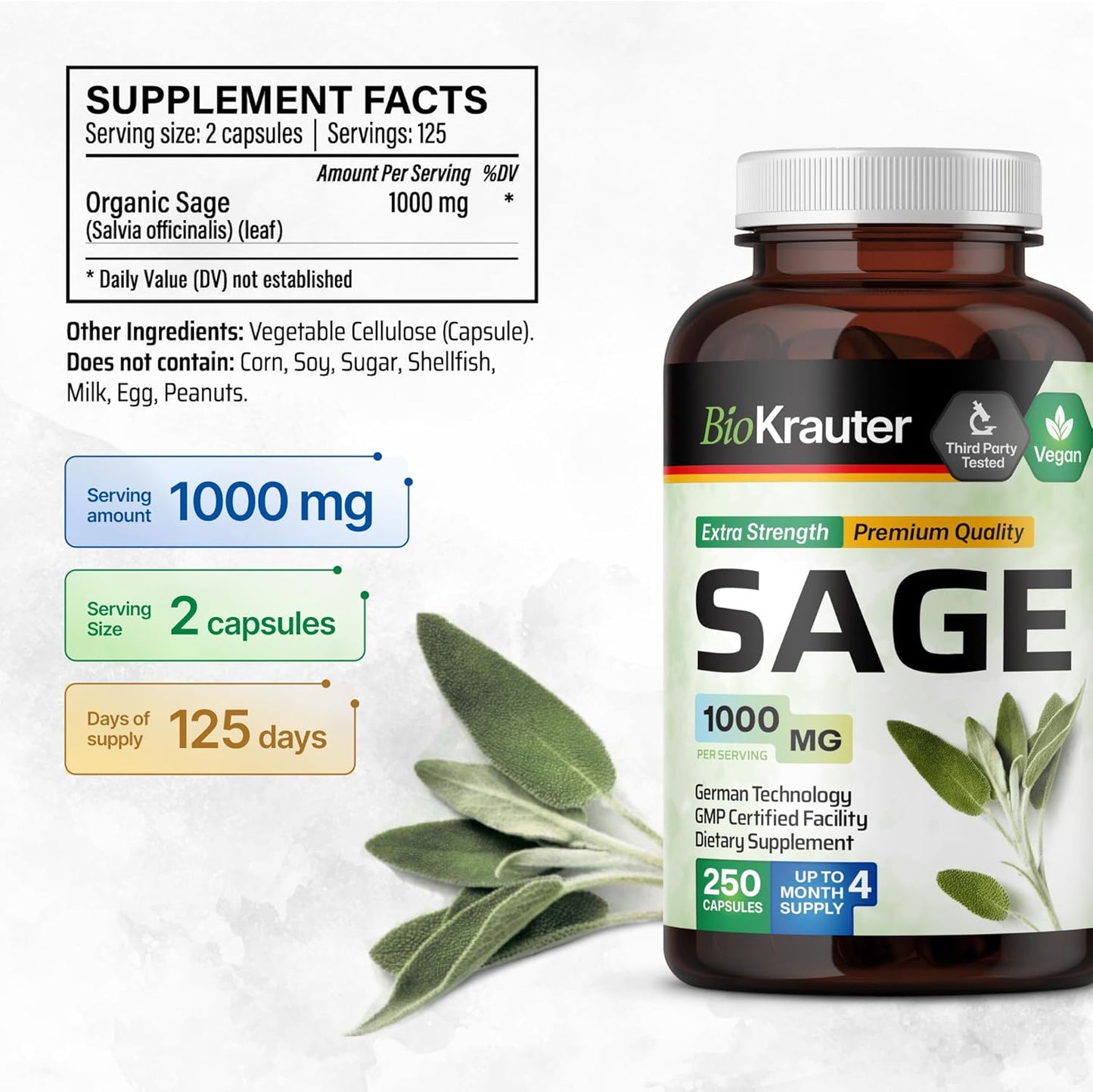 Organic Sage Supplement Capsules 1000mg - 250 Vegan Capsules - Immune & Digestive Support - Antioxidant-Rich Salvia Officinalis Supplement