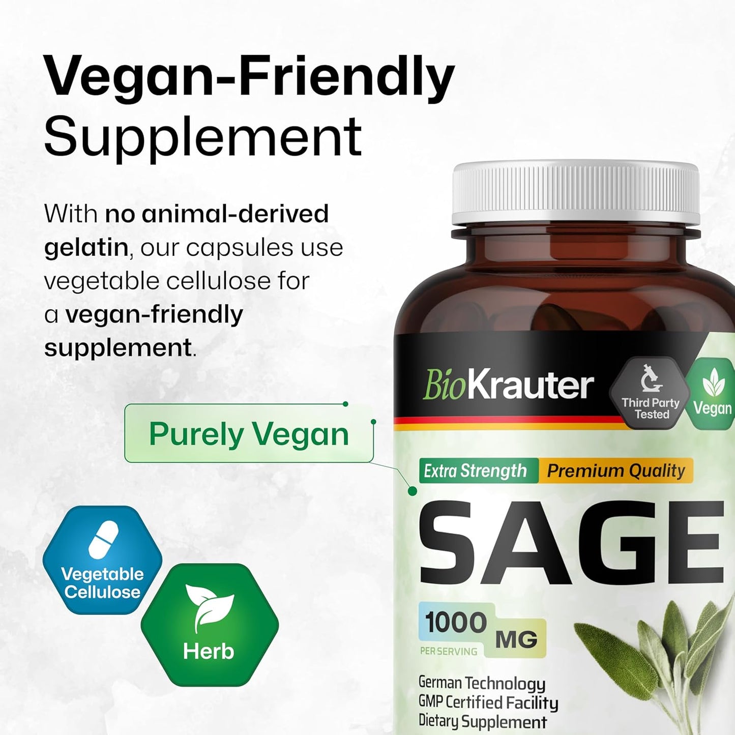 Organic Sage Supplement Capsules 1000mg - 250 Vegan Capsules - Immune & Digestive Support - Antioxidant-Rich Salvia Officinalis Supplement
