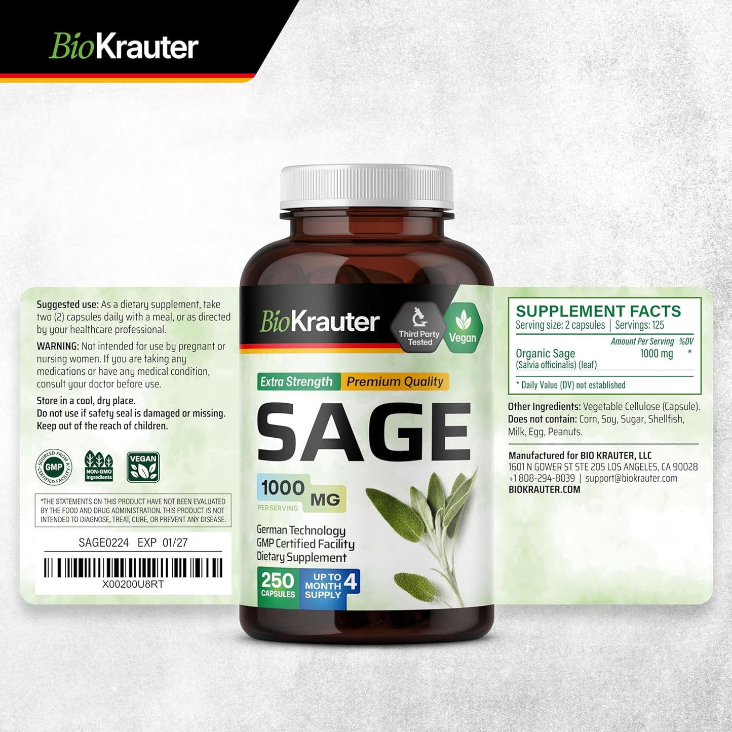 Organic Sage Supplement Capsules 1000mg - 250 Vegan Capsules - Immune & Digestive Support - Antioxidant-Rich Salvia Officinalis Supplement
