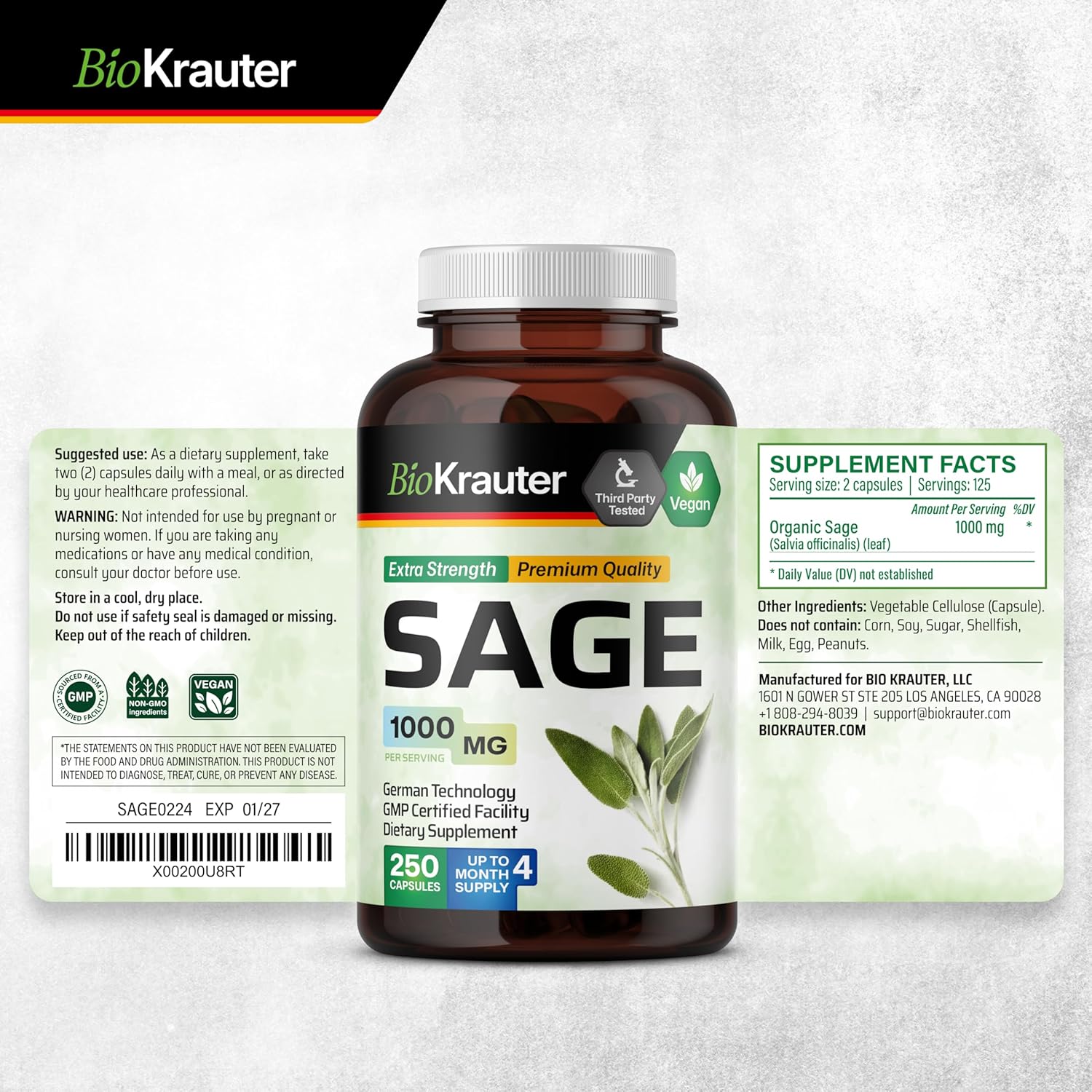 Organic Sage Supplement Capsules 1000mg - 250 Vegan Capsules - Immune & Digestive Support - Antioxidant-Rich Salvia Officinalis Supplement