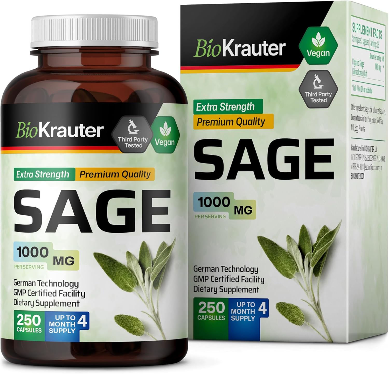 Organic Sage Supplement Capsules 1000mg - 250 Vegan Capsules - Immune & Digestive Support - Antioxidant-Rich Salvia Officinalis Supplement