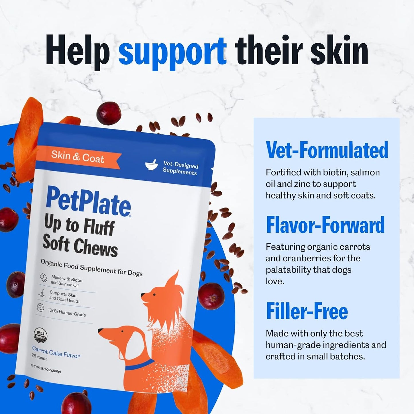 Organic Salmon Oil & Biotin Soft Chews for Dogs, Skin & Coat Support, Grain-Free, Human-Grade, Pet Supplies - 9.8oz Pack