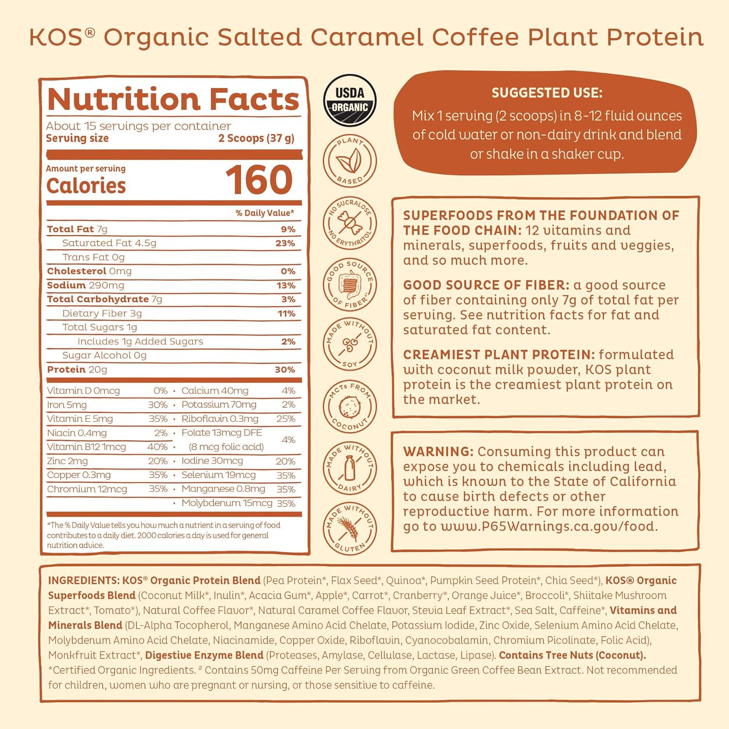 Organic Salted Caramel Coffee Vegan Protein Powder - Low Carb Pea Blend, Rich in Vitamins & Minerals - Keto, Dairy Free Meal Replacement - 15 Servings for Men & Women