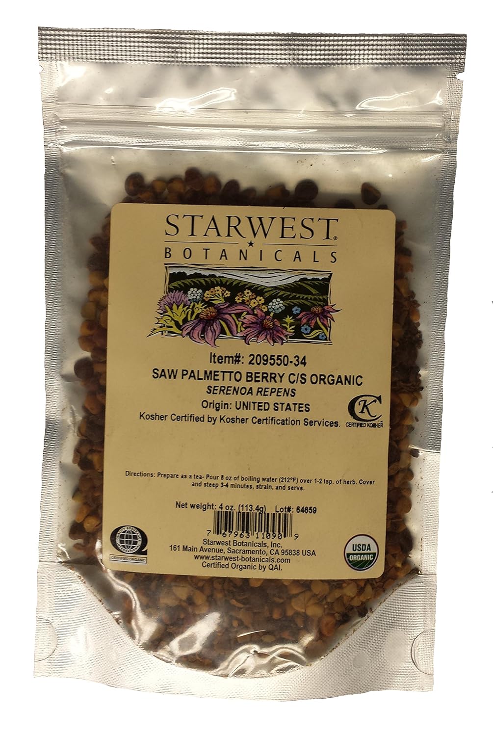 Organic Saw Palmetto Berry Cut & Sifted - 4 Oz by Starwest Botanicals
