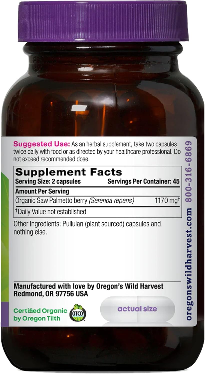 Organic Saw Palmetto Capsules by Oregon's Wild Harvest - 90 Count, 1170mg, Vegetarian Formula