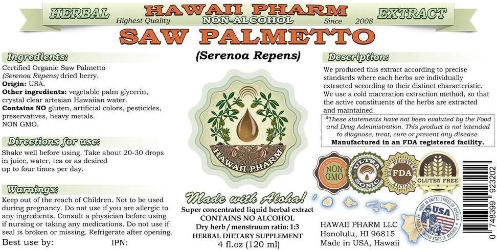 Organic Saw Palmetto Liquid Extract Glycerite - Alcohol-Free Natural Herbal Supplement - Hawaii Pharm 64 fl. oz.