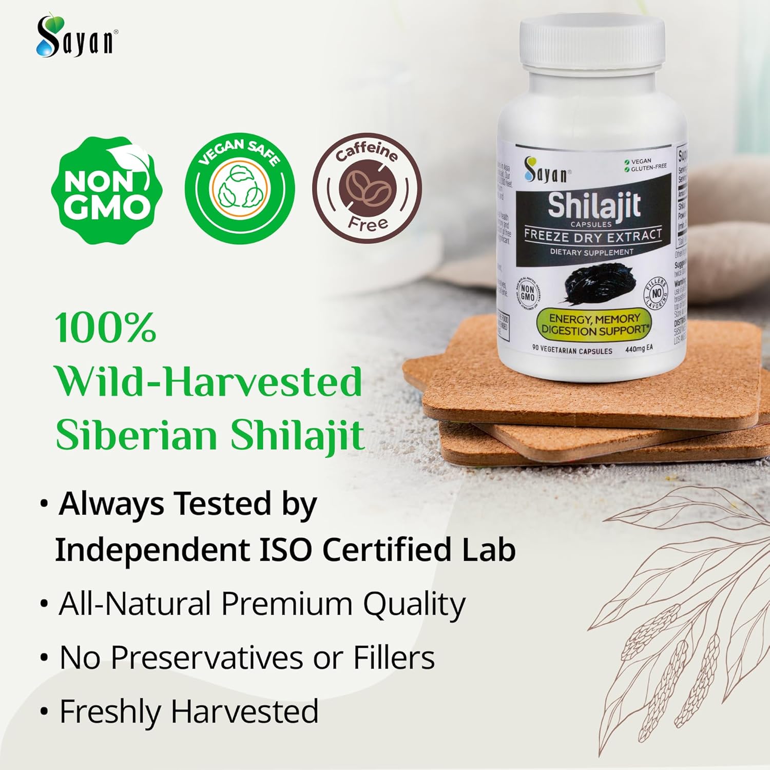 Organic Sayan Shilajit Capsules - 90 Count, 440mg - High Fulvic Acid, Immune Support, Energy Boost - Non-GMO, No Fillers - Natural Cleanse Supplement