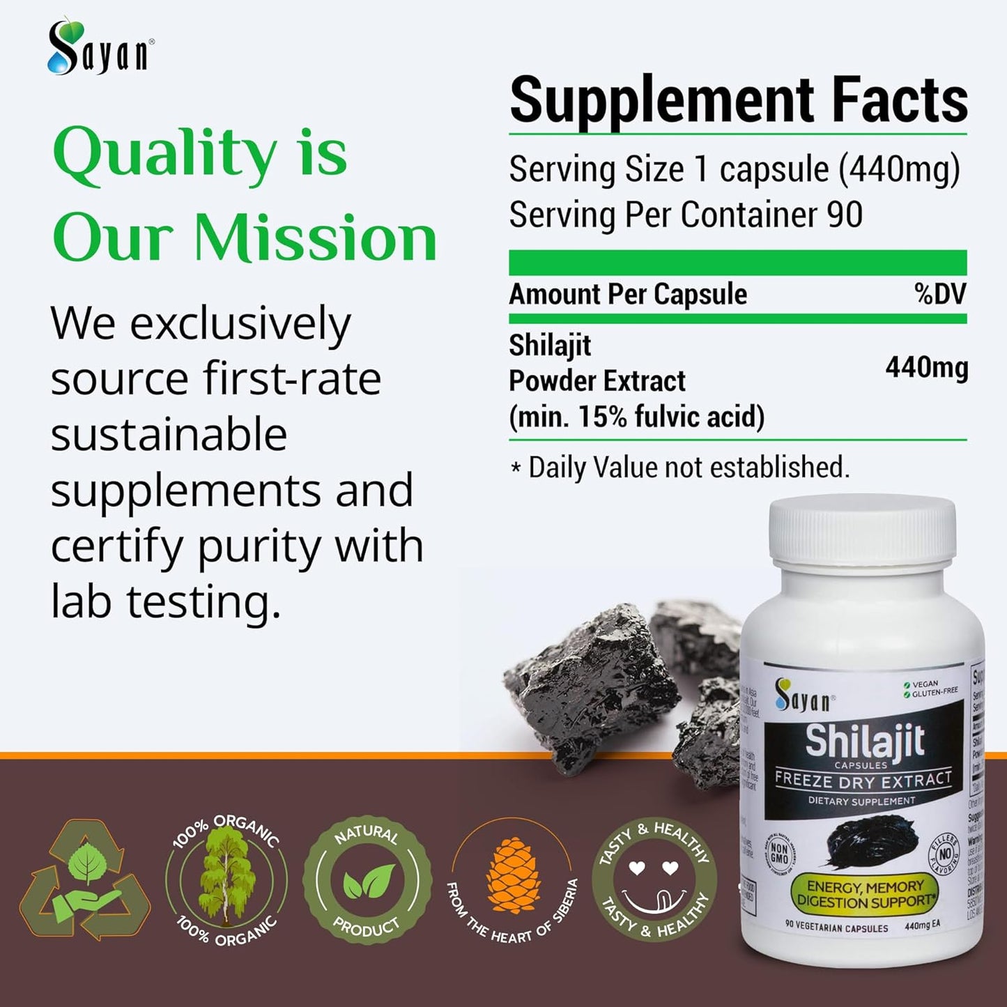 Organic Sayan Shilajit Capsules - 90 Count, 440mg - High Fulvic Acid, Immune Support, Energy Boost - Non-GMO, No Fillers - Natural Cleanse Supplement