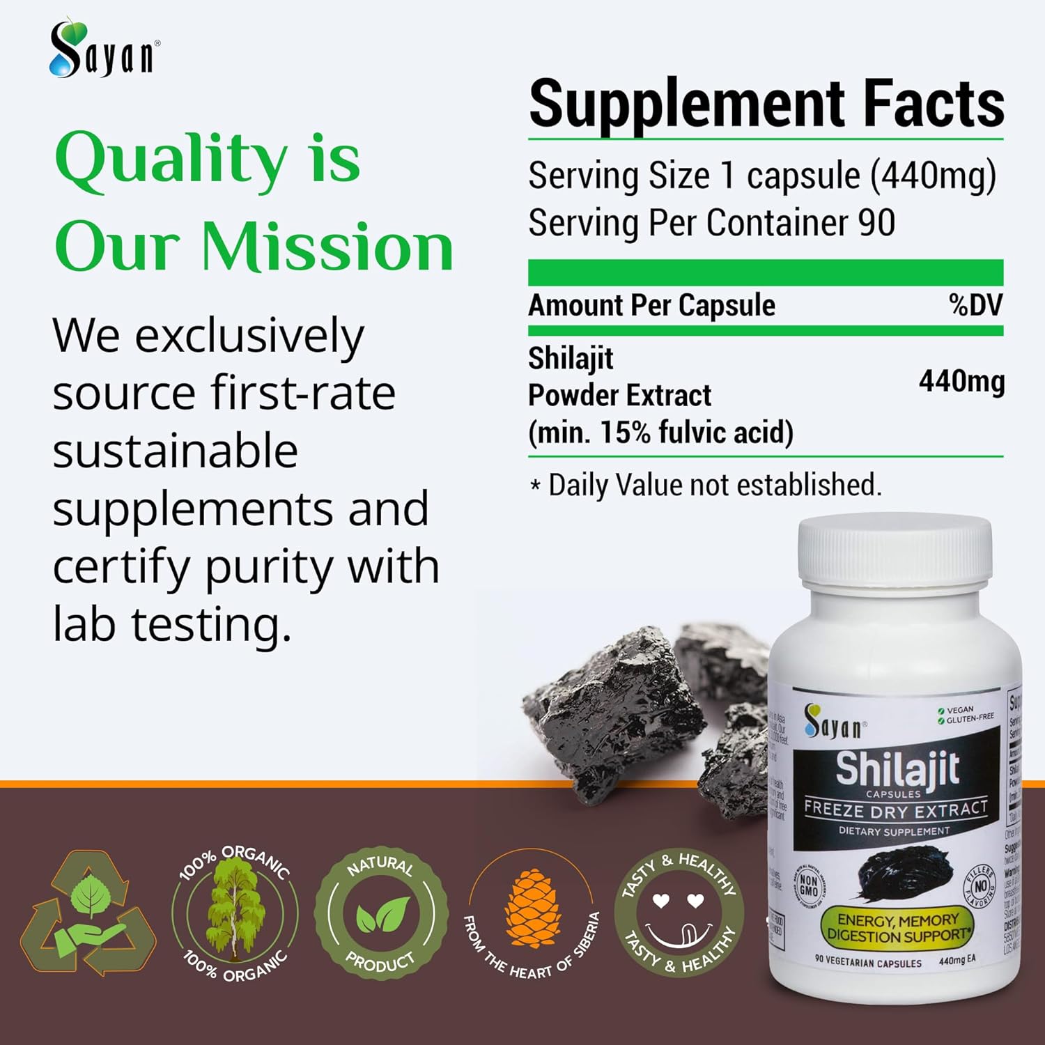 Organic Sayan Shilajit Capsules - 90 Count, 440mg - High Fulvic Acid, Immune Support, Energy Boost - Non-GMO, No Fillers - Natural Cleanse Supplement
