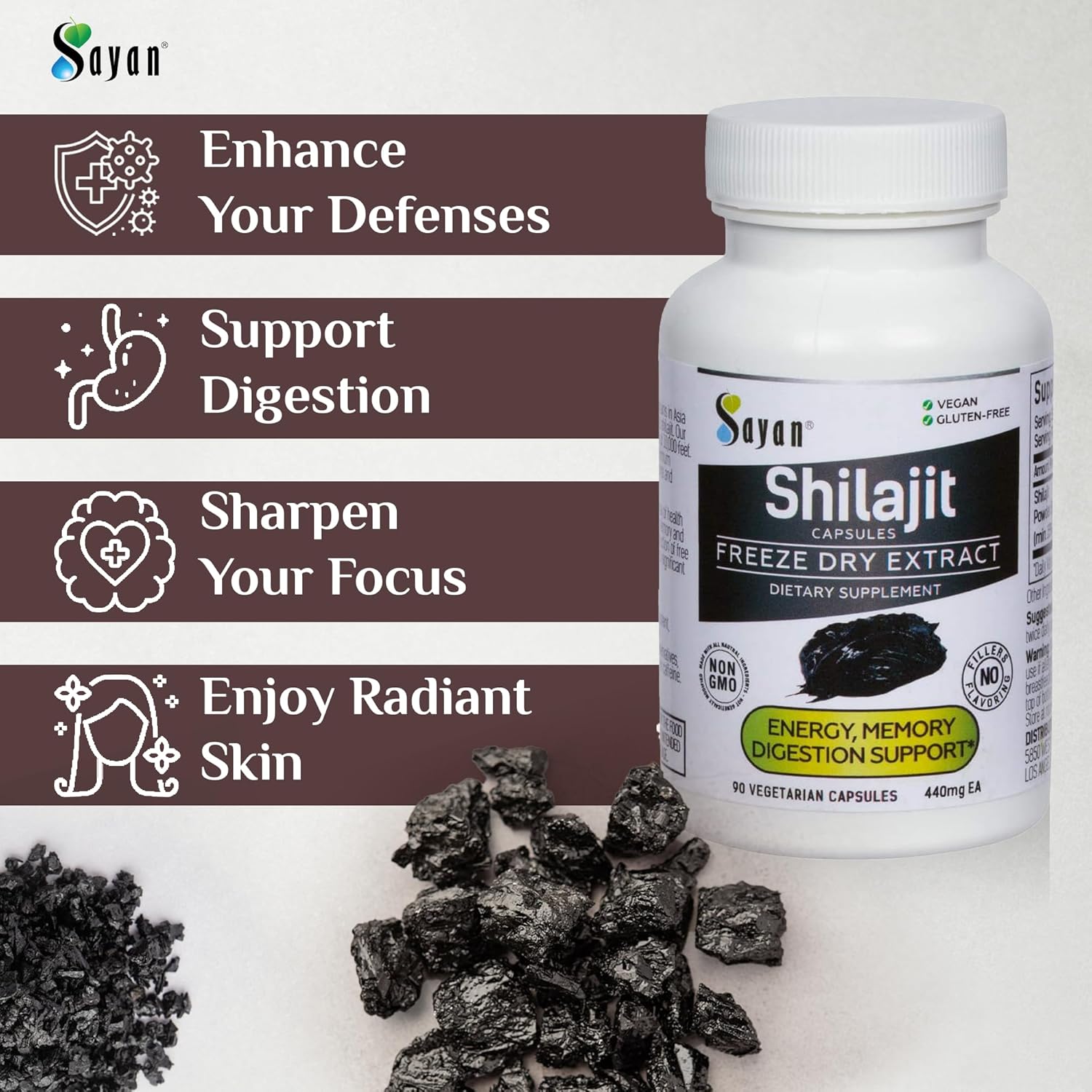 Organic Sayan Shilajit Capsules - 90 Count, 440mg - High Fulvic Acid, Immune Support, Energy Boost - Non-GMO, No Fillers - Natural Cleanse Supplement