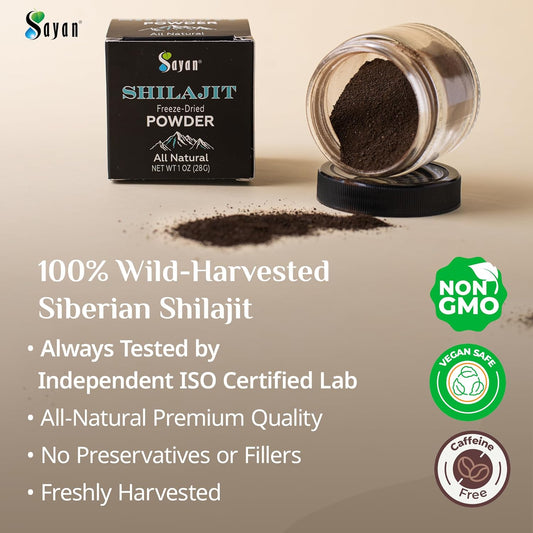 Organic Sayan Shilajit Powder 1oz - Immune System Support, Memory & Focus Booster - Natural Energy Supplement - Vegan & Non-GMO - 5 Months Supply