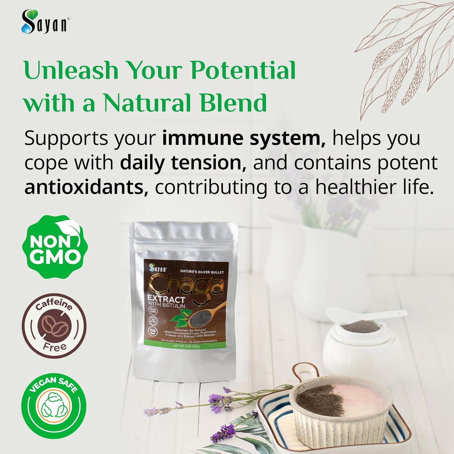 Organic Sayan Siberian Chaga Mushroom Extract with Betulin Powder - 2 oz Antioxidant Blend for Immune Support & Wellness - Mix with Yogurt or Smoothies