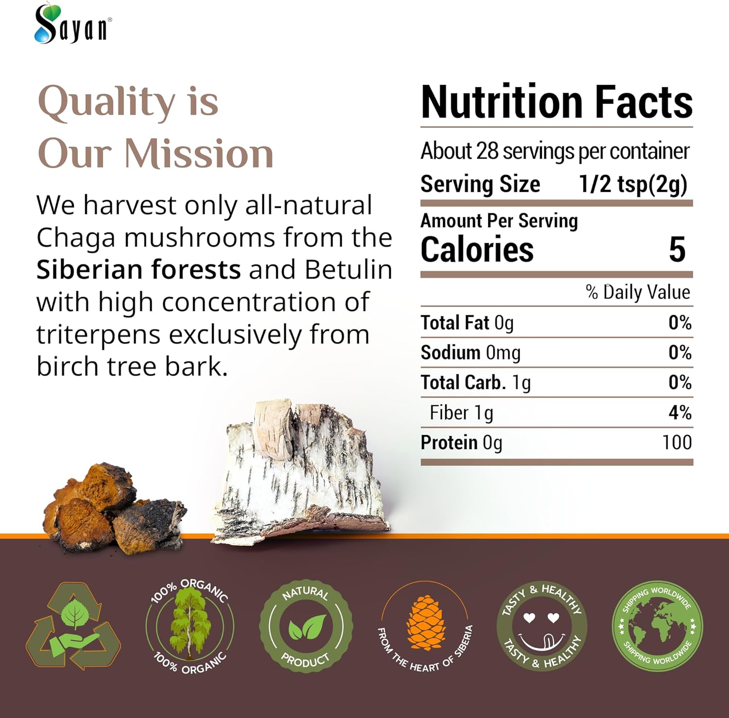 Organic Sayan Siberian Chaga Mushroom Extract with Betulin Powder - 2 oz Antioxidant Blend for Immune Support & Wellness - Mix with Yogurt or Smoothies