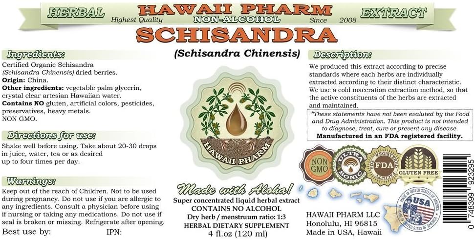 Organic Schisandra Liquid Extract - Alcohol-Free, USA-Made Herbal Supplement - 2 fl.oz Glycerite by Hawaii Pharm