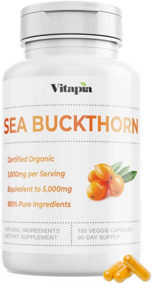 Organic Sea Buckthorn Extract Capsules for Heart Health, Skin, Immune Support - 5:1 Ratio - 180 Veggie Capsules - Omega 7, 3, 6, 9 - Non-GMO, Gluten-Free, Vegan