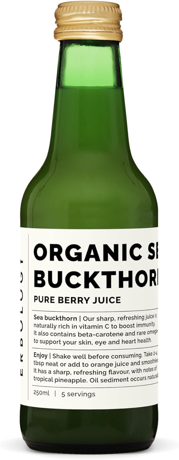 Organic Sea Buckthorn Juice 8.5 fl oz - Immunity Support, Energy Boost - Rich in Vitamin C, Omega-7, Beta-carotene - Undiluted, No Sugar - Non-GMO - Recyclable Glass - Erbology