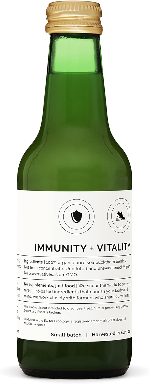 Organic Sea Buckthorn Juice 8.5 fl oz - Immunity Support, Energy Boost - Rich in Vitamin C, Omega-7, Beta-carotene - Undiluted, No Sugar - Non-GMO - Recyclable Glass - Erbology