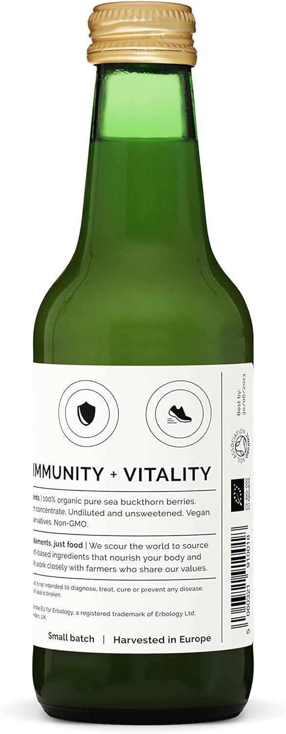 Organic Sea Buckthorn Juice 8.5 fl oz - Immunity Support, Energy Boost - Rich in Vitamin C, Omega-7, Beta-carotene - Undiluted, No Sugar - Non-GMO - Recyclable Glass - Erbology